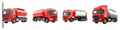 Collection of red tanker trucks for transporting liquids. Ideal for logistics, transportation, and fleet management themes. isolated on a transparent background