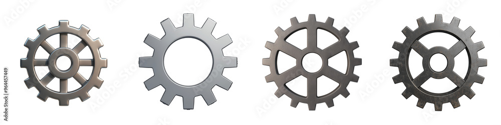 Set of four metallic gears showcasing different designs, ideal for illustrating mechanics and engineering concepts. isolated on a transparent background Set of four metallic gears showcasing different designs, ideal for illustrating mechanics and engineering concepts. isolated on a transparent background