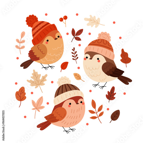 Birds. A set of birds in autumn hats. Set of decorative autumn leaves and twigs. Autumn forest birds. Flat style illustrations on white background.