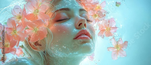 A serene and dreamy portrait of a woman submerged in water, adorned with delicate flowers and glowing ethereal light