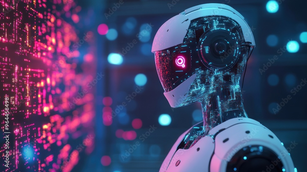 Futuristic Android AI Robot Facing a Wall of Data Futuristic Android AI Robot Facing a Wall of Data