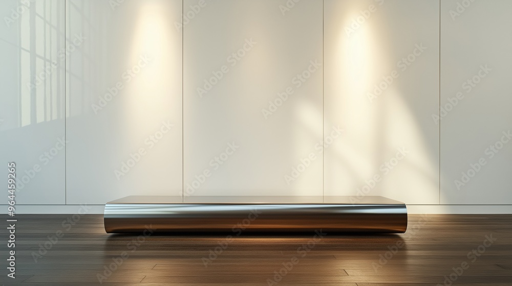 A sophisticated luxury space featuring smooth white walls and a blank and empty sleek metallic platform, set against a rich wood floor, ideal for high-end products. A sophisticated luxury space featuring smooth white walls and a blank and empty sleek metallic platform, set against a rich wood floor, ideal for high-end products.