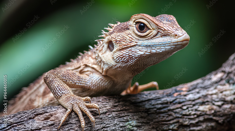 Obraz premium A close-up photo shows a beautiful brown lizard sitting on a tree branch. The photo is taken very close up, showing the lizard's details.