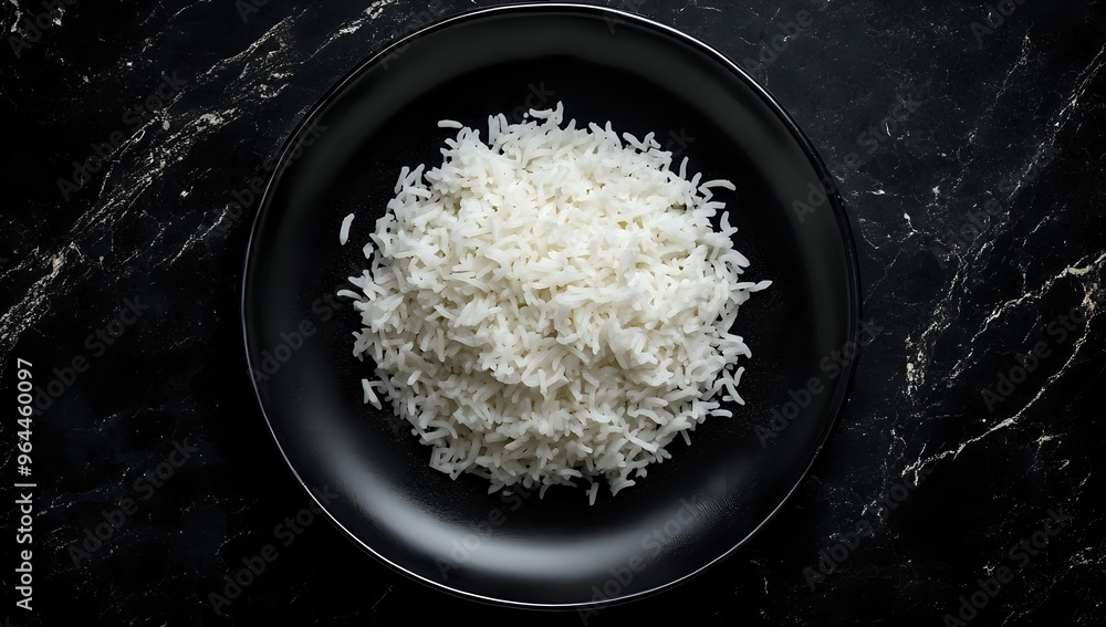 Close-up of a black plate with white rice on a black marble background. Close-up of a black plate with white rice on a black marble background.