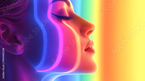 A woman's face is shown in a rainbow of colors