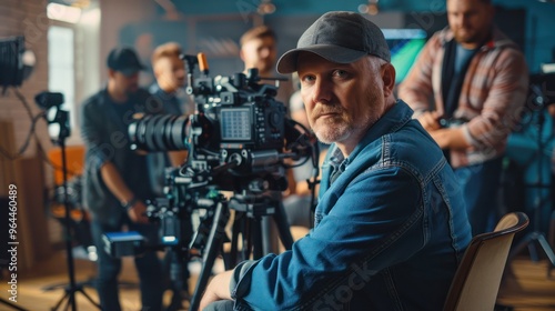 Assured Director in Chair with Camera Team in Background at Studio. Concept Film Production, Director, Camera Crew, Studio Set, Behind the Scenes 