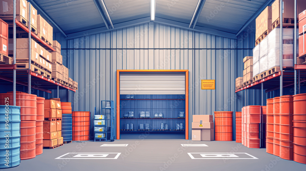 Fototapeta premium A large warehouse with orange barrels and boxes