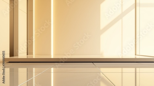 A spacious luxury interior with smooth cream-colored walls and a blank and empty sleek, reflective platform, accented by a polished ceramic floor, ideal for premium products.