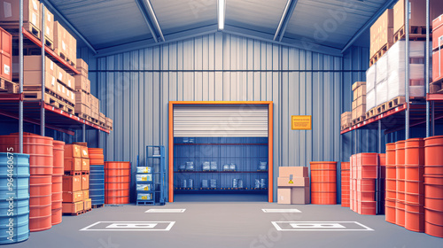 A large warehouse with orange barrels and boxes