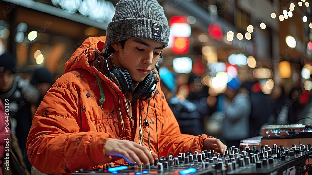 Dj mixing at a party with crowd of people in background Dj mixing at a party with crowd of people in background
