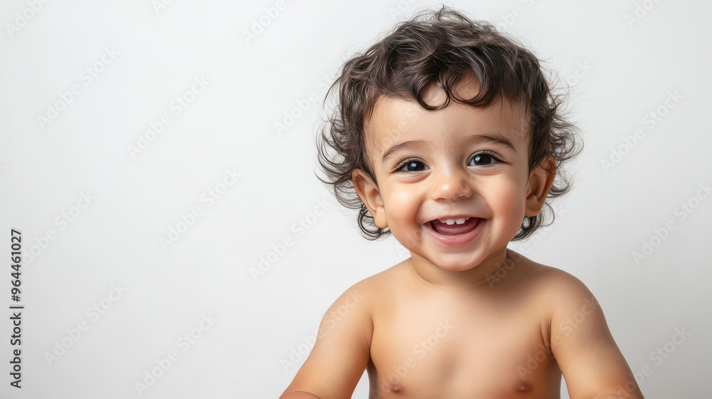 Portrait of Smiling Middle Eastern toddler boy, sitting with delight ,isolated on a pure white background