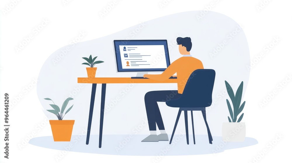 Fototapeta premium Man sitting at a modern desk in his home office, reviewing an e-invoice on his computer, with plants nearby, embracing digital, paperless work.