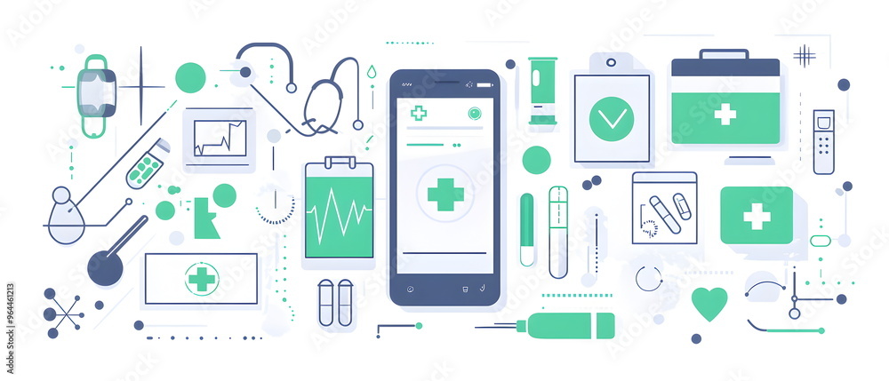 A flat illustration of a healthcare app interface, showing various icons for scheduling appointments, ordering medication, and health monitoring. Background consists of abstract medical symbols A flat illustration of a healthcare app interface, showing various icons for scheduling appointments, ordering medication, and health monitoring. Background consists of abstract medical symbols