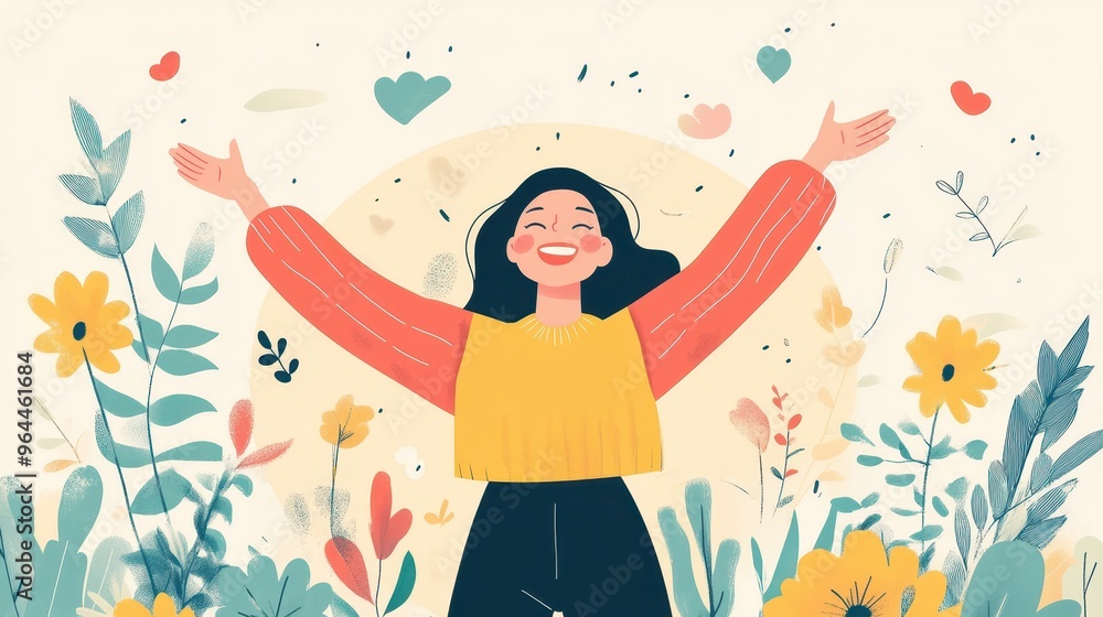 Happy woman with arms outstretched in a field of flowers, celebrating life and joy. Happy woman with arms outstretched in a field of flowers, celebrating life and joy.