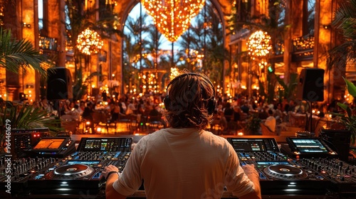 Dj mixing at a party with crowd of people in background