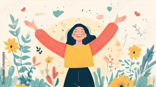 Wallpaper Mural Happy woman with arms outstretched in a field of flowers, celebrating life and joy. Torontodigital.ca