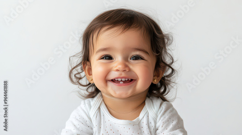 Portrait of Smiling Hispanic toddler girl, sitting with joy ,isolated on a pure white background