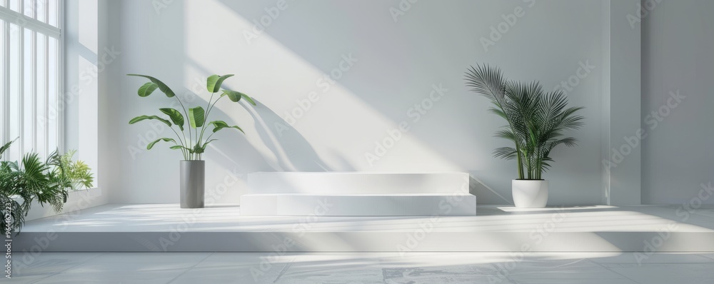 Minimalist white podium, creating a clean, elegant display in a bright room. Minimalist white podium, creating a clean, elegant display in a bright room.