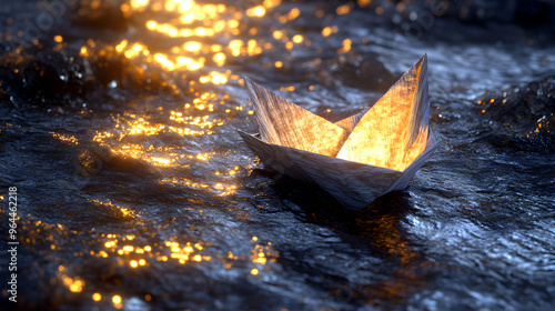 A paper boat floating down a stream, where the water is made of shimmering silver liquid, reflecting the moonlight