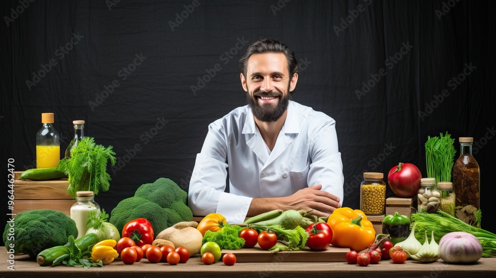 Smiling chef surrounded by fresh vegetables and ingredients on a kitchen counter. Concept of healthy eating, cooking, and nutrition Smiling chef surrounded by fresh vegetables and ingredients on a kitchen counter. Concept of healthy eating, cooking, and nutrition