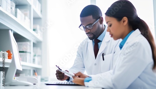 Two doctors in white coats reviewing medical records in a pharmacy setting.
