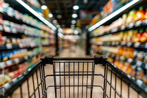 shopping cart in supermarket aisle,shopping concept