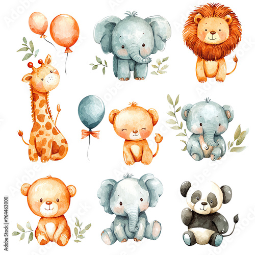 cute cartoon water color whimsical concept for kids whimsical watercolor isolated on white A charming collection of cute animal illustrations featuring an elephant, lion photo