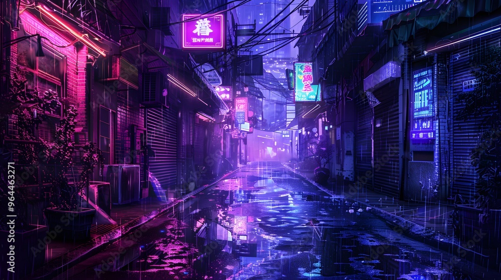 Dark street in cyberpunk city, gloomy alley with neon lighting Dark street in cyberpunk city, gloomy alley with neon lighting