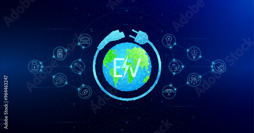 World surround cable wire. EV Electric vehicle charging station battery. Clean energy alternative future. Environment nature energy technology. Energy ECO icon on digital blue background. Vector.