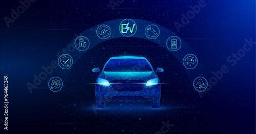 Electric car clean energy alternative future. EV Electric vehicle charging station battery icon button surround on hi tech digital blue background. Environment nature energy technology. Vector EPS10.