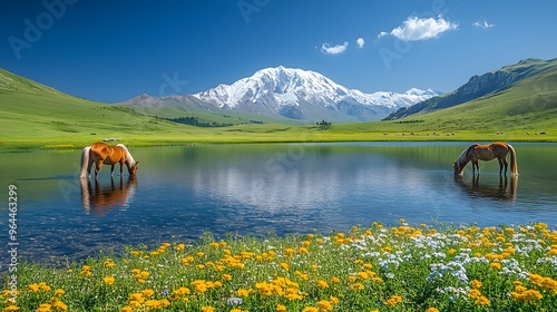 
A beautiful high-resolution photo of Xinjiang's natural scenery, featuring distant snow-capped mountains, a clear blue sky, and a green basin with a transparent lake, where horses graze and wildflowe photo