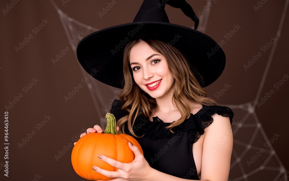 Smiling woman in witch costume holds a pumpkin against a cobweb backdrop. Perfect for Halloween, magic, and fantasy themes.
Smiling woman in witch costume holds a pumpkin against a cobweb backdrop. Perfect for Halloween, magic, and fantasy themes.