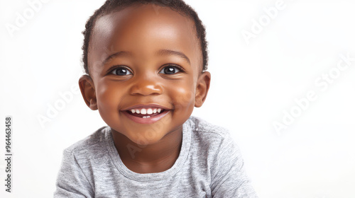 Portrait of Happy African toddler boy, sitting with a grin ,isolated on a pure white background