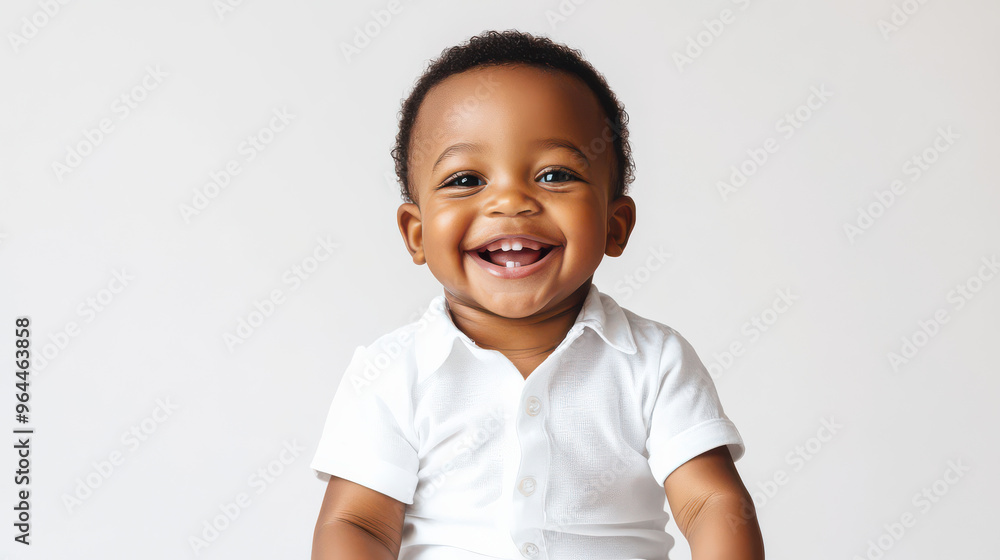 Portrait of Happy African toddler boy in white clothes, sitting with a big smile ,isolated on a pure white background Portrait of Happy African toddler boy in white clothes, sitting with a big smile ,isolated on a pure white background
