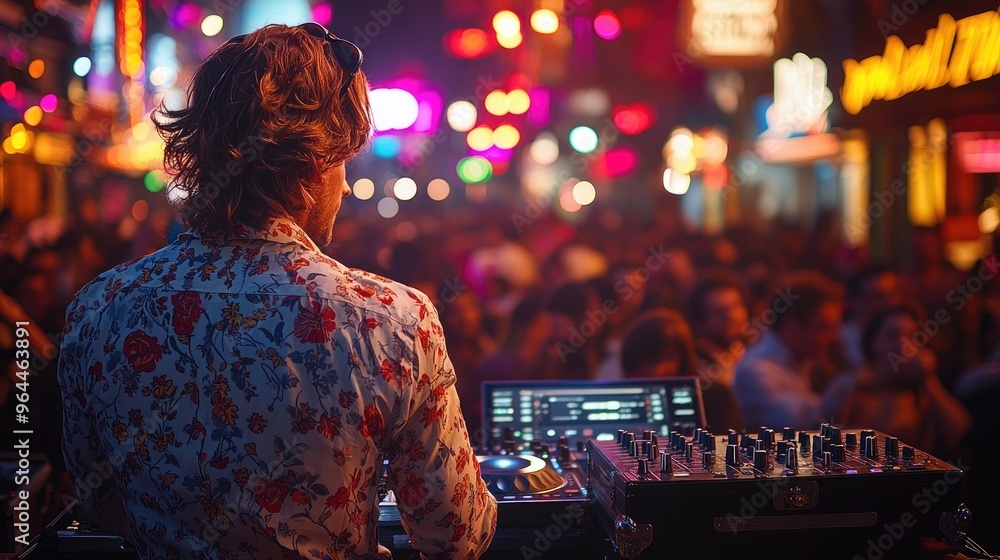 Dj mixing at a party with crowd of people in background Dj mixing at a party with crowd of people in background