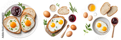 Delicious breakfast with eggs, bread, and garnishes on table