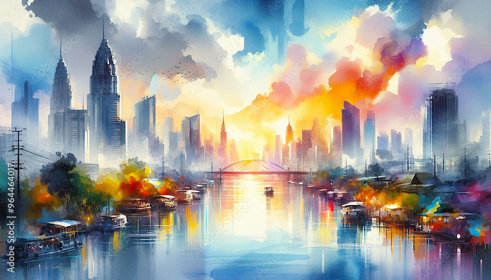Fototapeta premium abstract city skyline with reflection, watercolor landscape painting