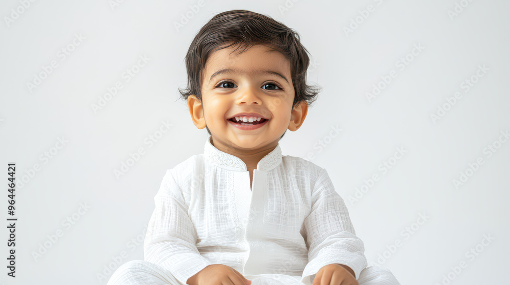 Portrait of Smiling Indian toddler boy in white outfit, sitting cheerfully ,isolated on a pure white background Portrait of Smiling Indian toddler boy in white outfit, sitting cheerfully ,isolated on a pure white background