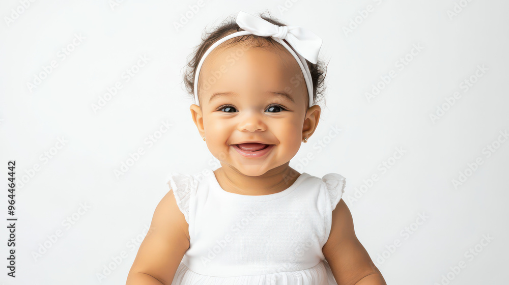 Portrait of Smiling mixed-race baby girl in white attire, sitting with a smile ,isolated on a pure white background Portrait of Smiling mixed-race baby girl in white attire, sitting with a smile ,isolated on a pure white background