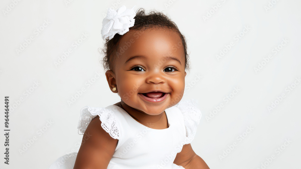 Portrait of Smiling mixed-race baby girl in white attire, sitting with a smile ,isolated on a pure white background Portrait of Smiling mixed-race baby girl in white attire, sitting with a smile ,isolated on a pure white background