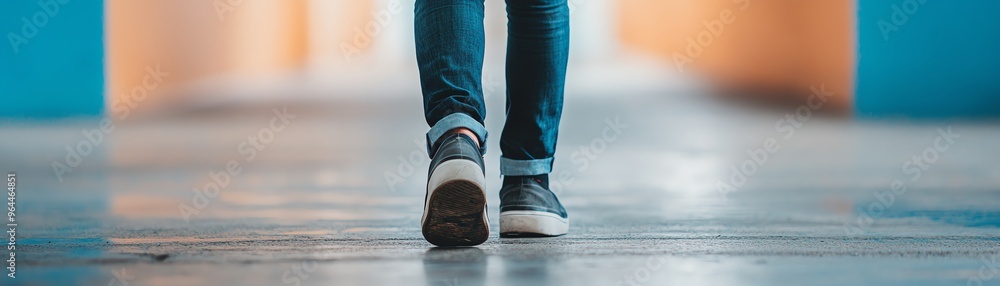 Closeup of a person's feet walking on a floor, shoes and jeans visible. Closeup of a person's feet walking on a floor, shoes and jeans visible.