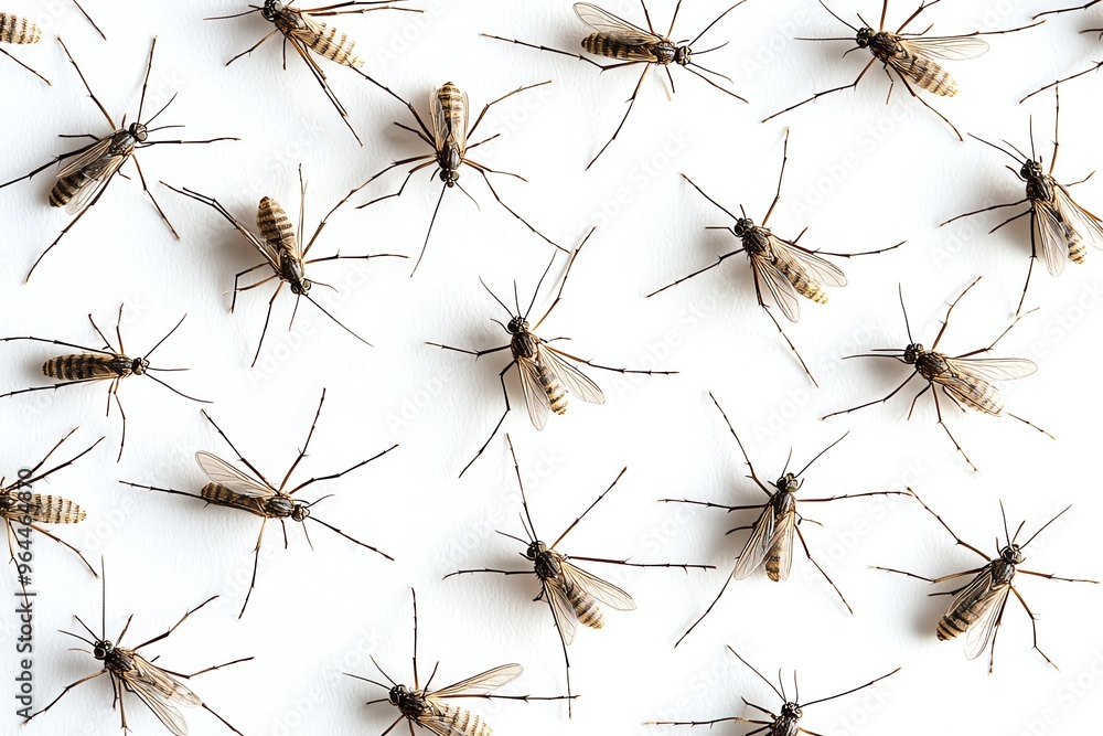 a whole view of multiple mosquitoes on isolated white background, view from above, editorial photography a whole view of multiple mosquitoes on isolated white background, view from above, editorial photography