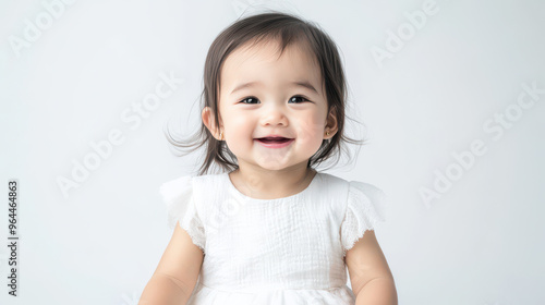 Portrait of Happy Asian toddler girl in white dress, sitting contentedly ,isolated on a pure white background