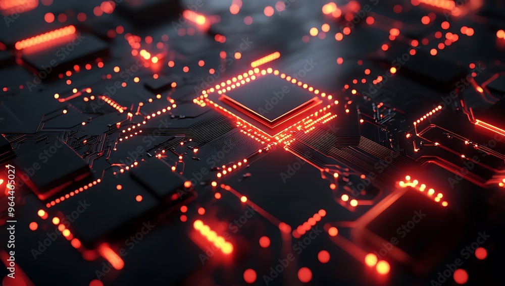 3D rendering of a close-up on a glowing computer chip with digital code and data flowing through it. Abstract technology background for web design, graphic illustration. Black neon light, red glow, 3D rendering of a close-up on a glowing computer chip with digital code and data flowing through it. Abstract technology background for web design, graphic illustration. Black neon light, red glow,
