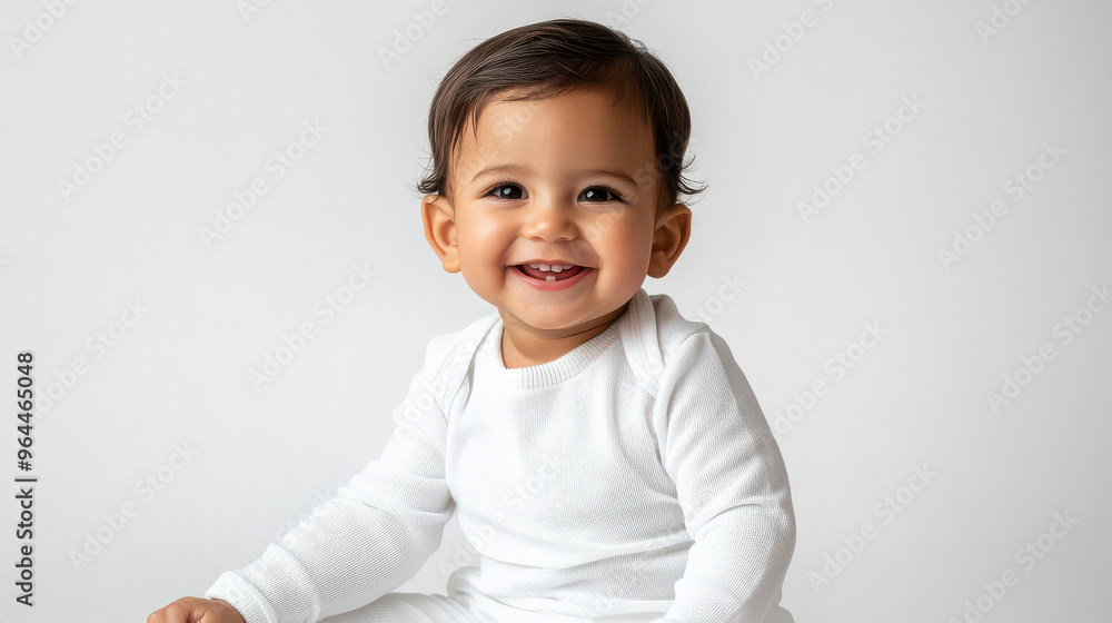 Portrait of Smiling Latina toddler boy in white outfit, sitting joyfully ,isolated on a pure white background Portrait of Smiling Latina toddler boy in white outfit, sitting joyfully ,isolated on a pure white background