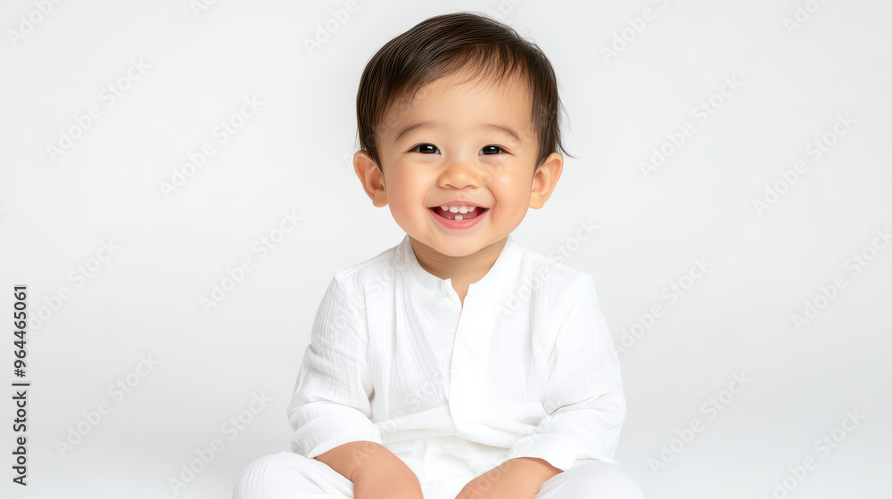 Portrait of Happy Asian toddler boy in white attire, sitting with a smile ,isolated on a pure white background Portrait of Happy Asian toddler boy in white attire, sitting with a smile ,isolated on a pure white background