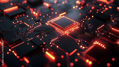 3D rendering of a close-up on a glowing computer chip with digital code and data flowing through it. Abstract technology background for web design, graphic illustration. Black neon light, red glow, 