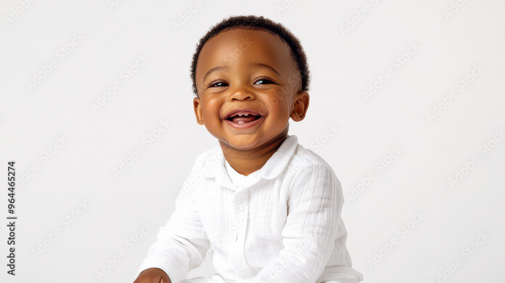 Portrait of Smiling African-American toddler boy in white clothes, sitting with joy ,isolated on a pure white background Portrait of Smiling African-American toddler boy in white clothes, sitting with joy ,isolated on a pure white background
