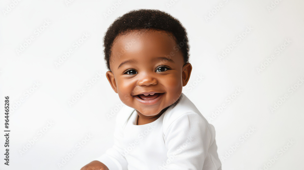 Portrait of Happy Black toddler boy in white attire, sitting with delight ,isolated on a pure white background Portrait of Happy Black toddler boy in white attire, sitting with delight ,isolated on a pure white background