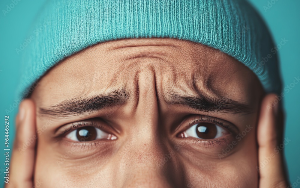 Close-up of a man's face with a worried expression. Close-up of a man's face with a worried expression.